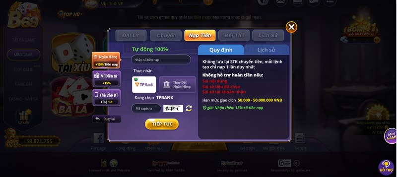 nạp tiền b69 thông qua tài khoản