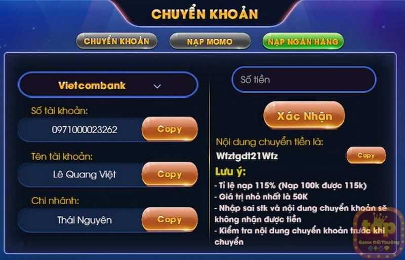 nạp tiền bằng tài khoản cá nhân